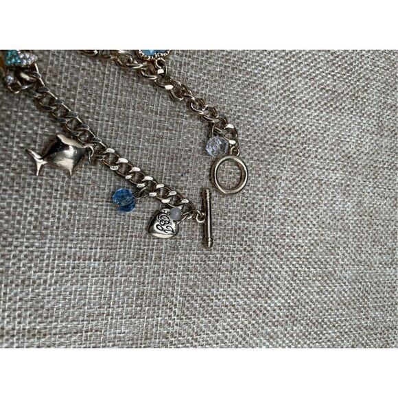 BETSEY JOHNSON CHARM BRACELET GREEN BLUE HEART CRYSTAL DRAGONFLY BUG FISH SUMMER - Picture 4 of 7